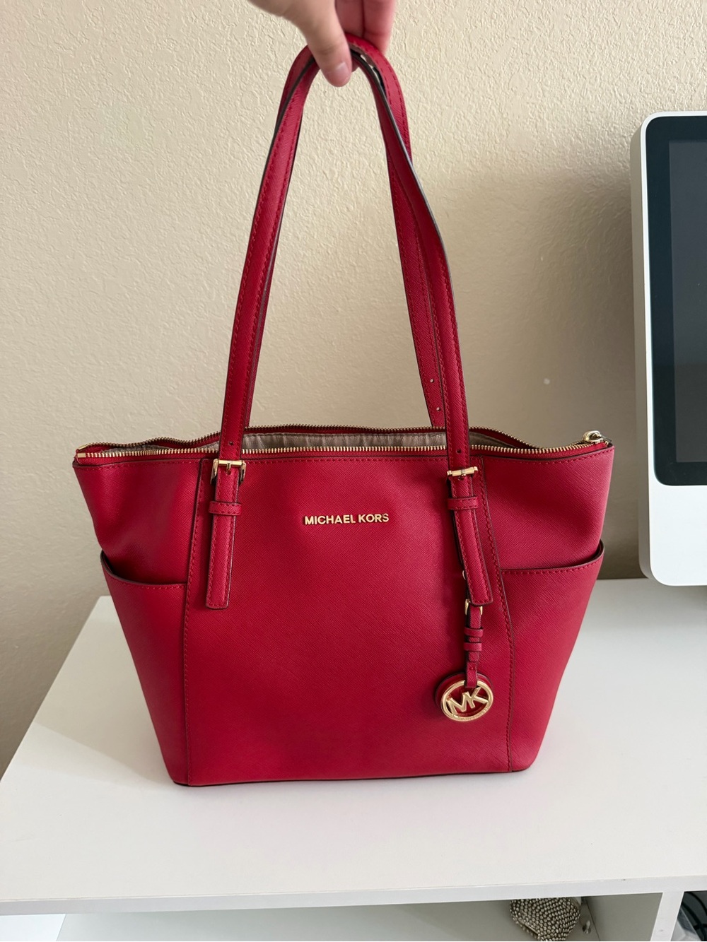 Michael Kors Bright Red Saffiano Leather Tote with Gold Hardware